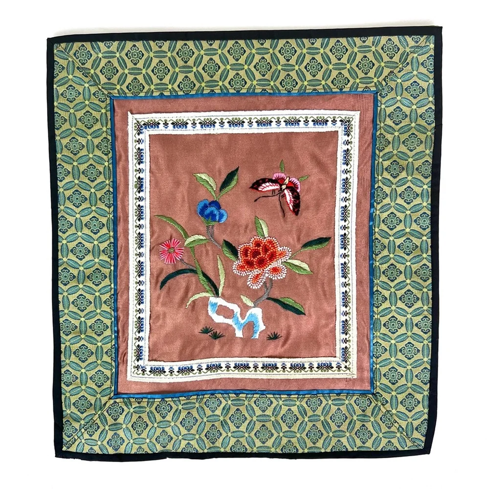 Vintage Chinese Silk Embroidered Floral Butterfly Panel